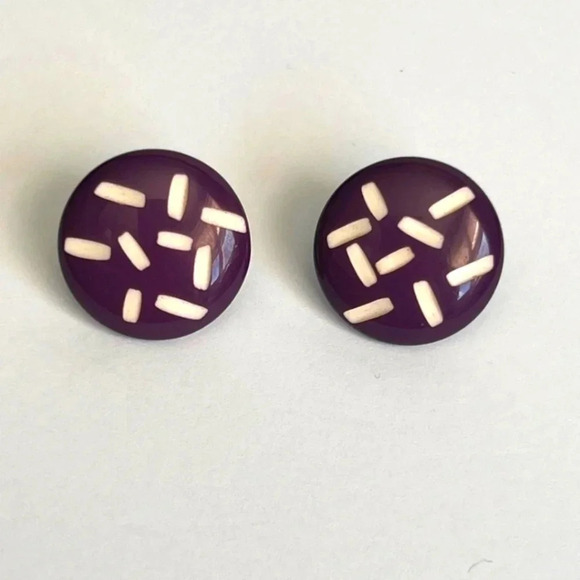VINTAGE PURPLE ROUND WHITE STRIPES WOMENS EARRINGS - Picture 1 of 3